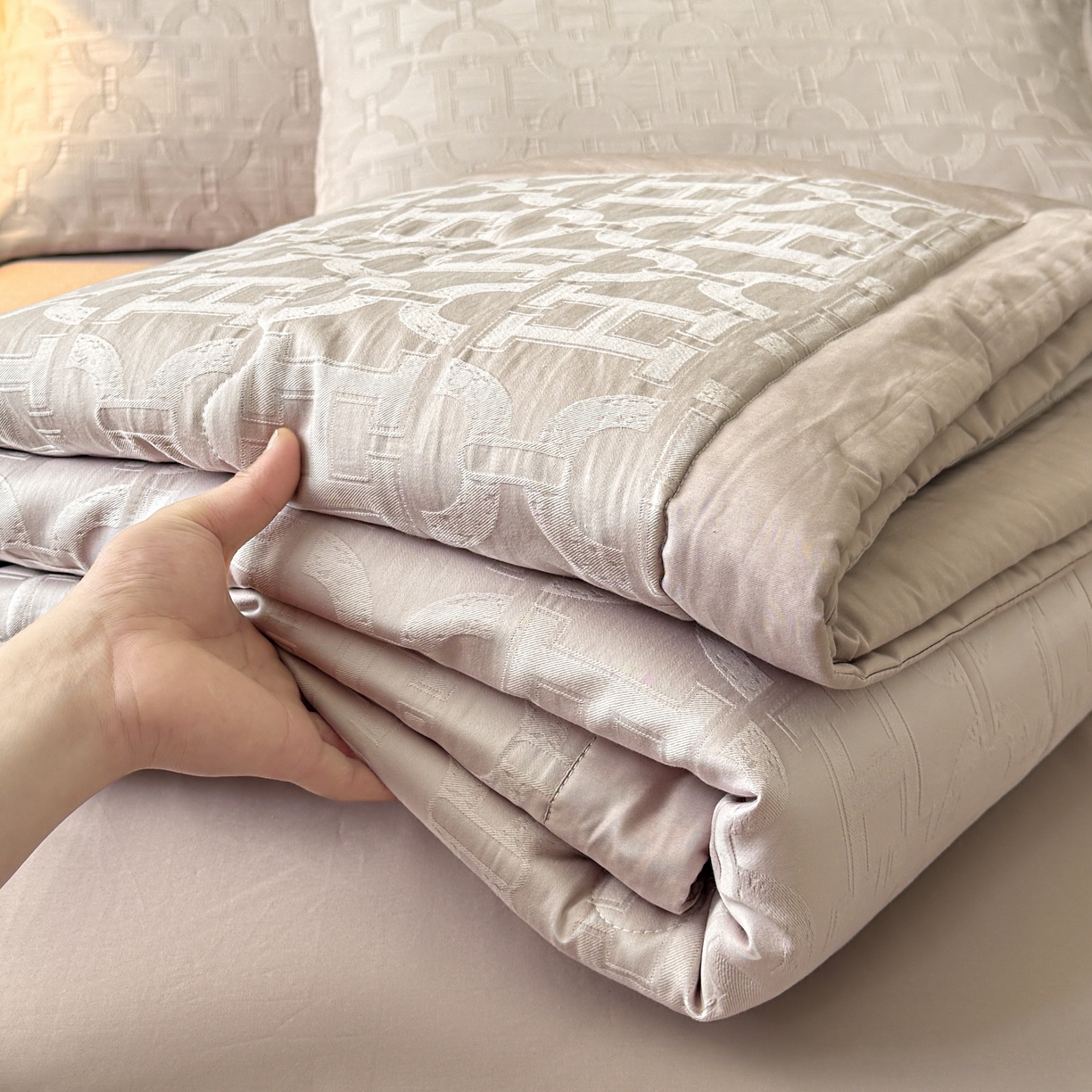 91家纺网 家纺一手货源 找家纺 乐家毛巾被（工厂自产自销） 2026春夏新款全棉60S长绒棉立体厚织提花整张棉花夏被四件套单夏被枕套夏凉被空 叠影