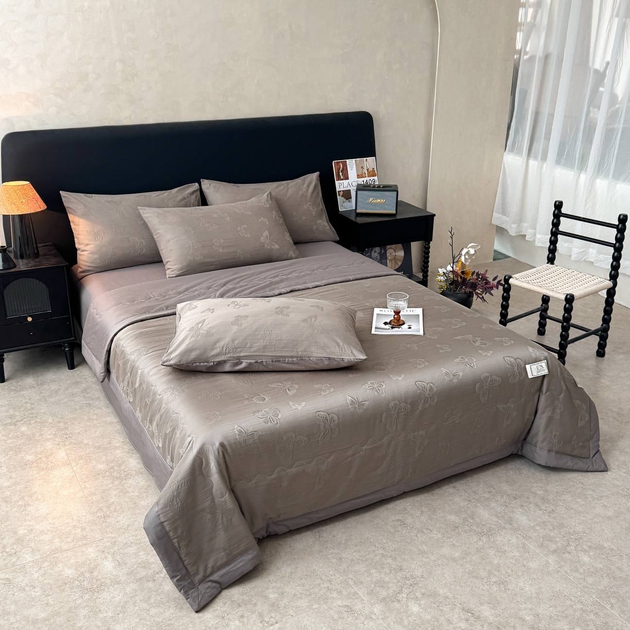 91家纺网 家纺一手货源 找家纺 乐家毛巾被（工厂自产自销） 2026春夏新款全棉60S长绒棉立体厚织提花整张棉花夏被四件套单夏被枕套夏凉被空 蝶影