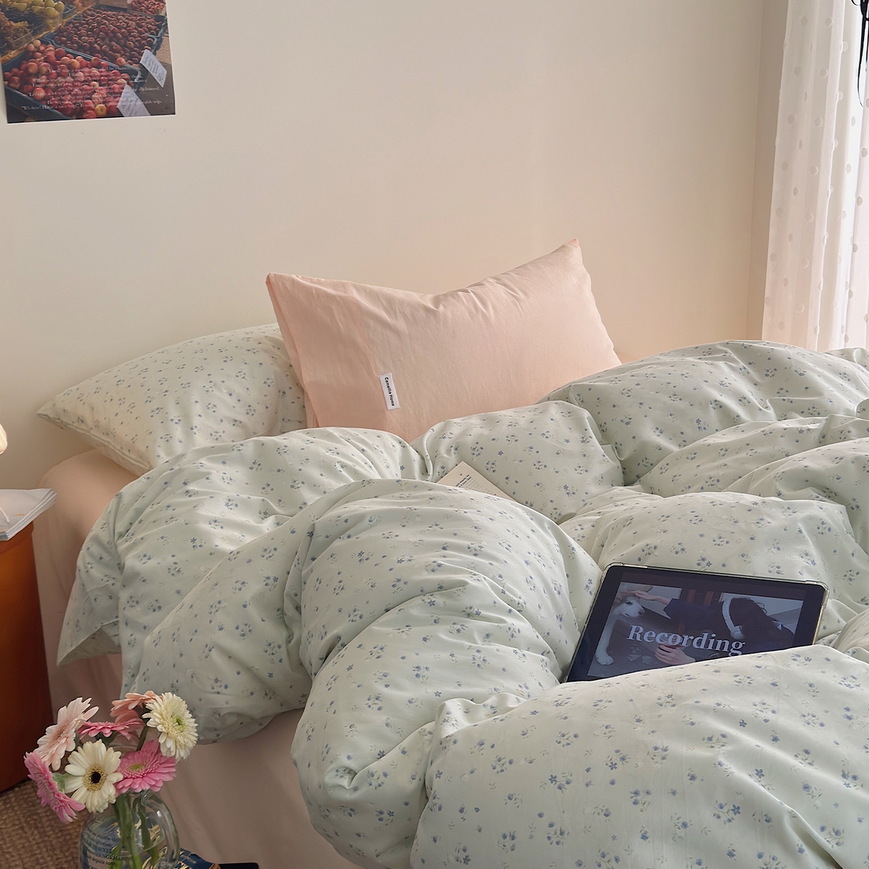 91家纺网 家纺一手货源 找家纺 山茶家居-原创设计 2026新款全棉碎花系列四件套-曼岛 曼岛-奶绿