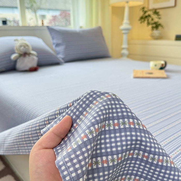 91家纺网 家纺一手货源 找家纺 羽梦家纺 2026新款老粗布床单三件套 蓝隅