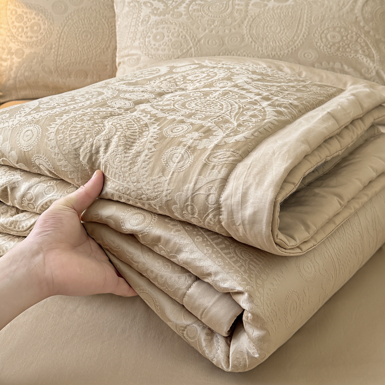 91家纺网 家纺一手货源 找家纺 乐家毛巾被（工厂自产自销） 2026春夏新款全棉60S长绒棉立体厚织提花整张棉花夏被四件套单夏被枕套夏凉被空 浅迹