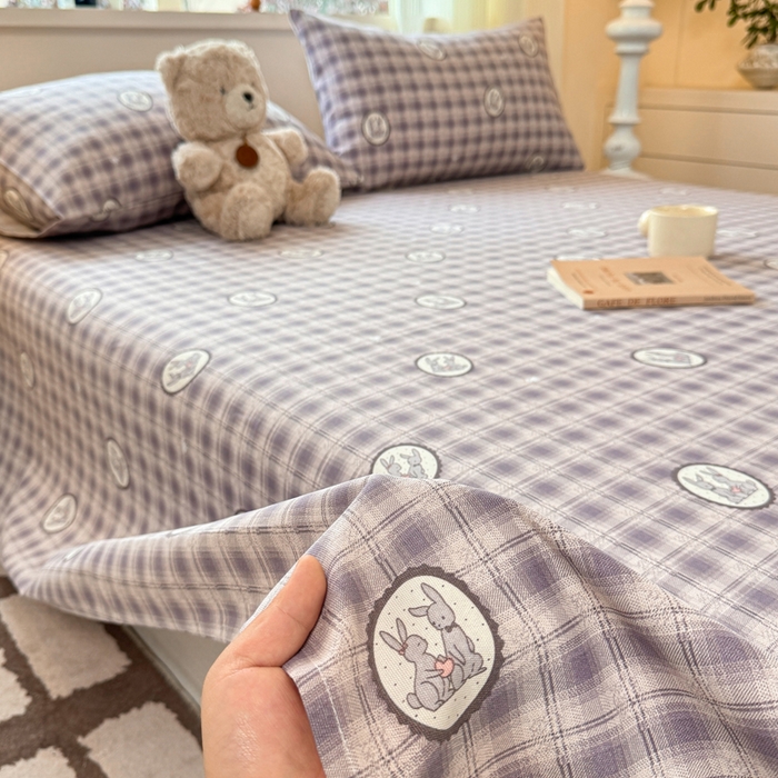 91家纺网 家纺一手货源 找家纺 羽梦家纺 2026新款老粗布床单三件套 栖兔