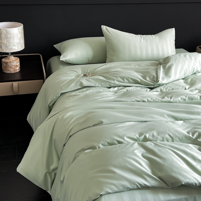 91家纺网 家纺一手货源 找家纺 蓝淋家纺 2026春夏新款贡缎提花四件套 青雾缎