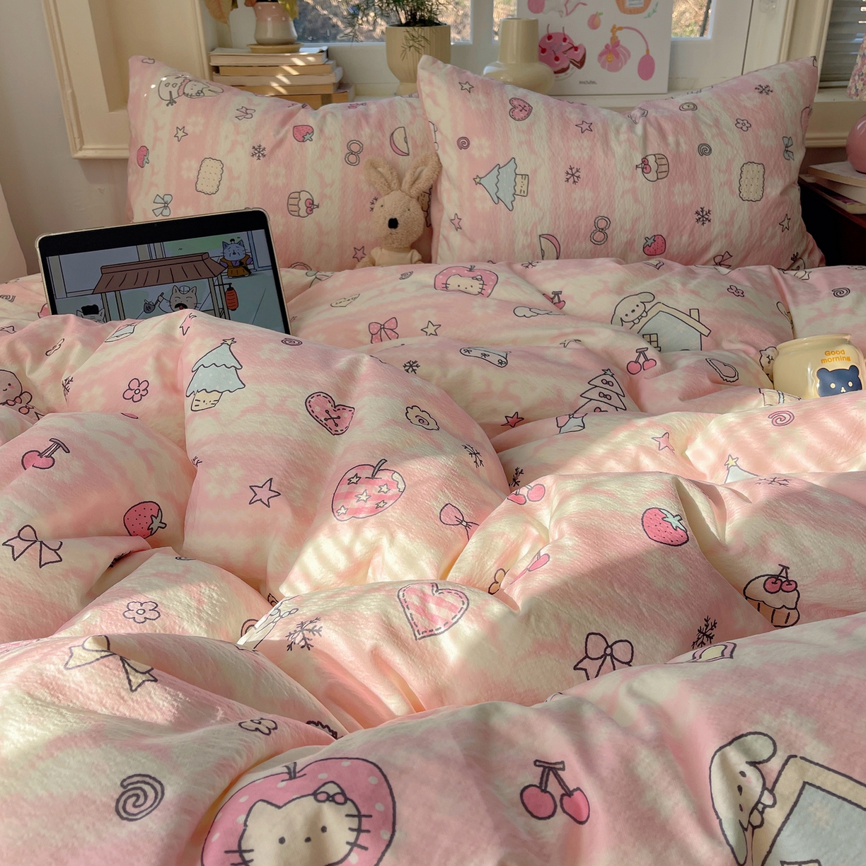 91家纺网 家纺一手货源 找家纺 （总）红嘴企鹅 2026新款波西米亚卡通风水洗棉四件套