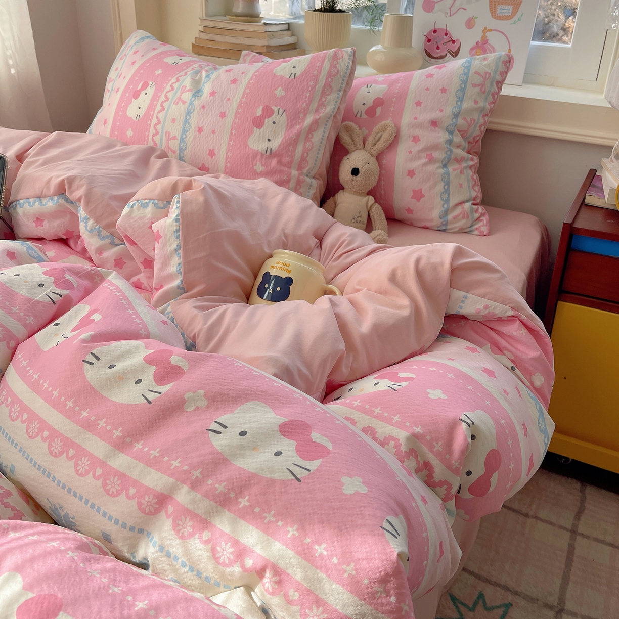 红嘴企鹅 2026新款波西米亚卡通风水洗棉四件套 可爱小猫