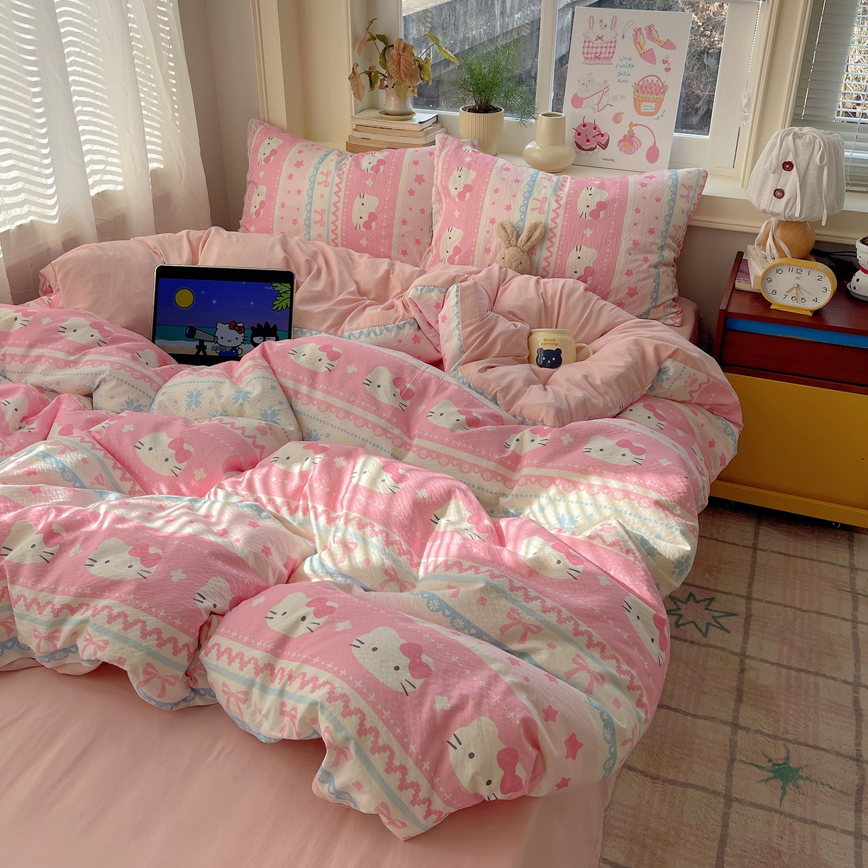 91家纺网 家纺一手货源 找家纺 红嘴企鹅 2026新款波西米亚卡通风水洗棉四件套 可爱小猫