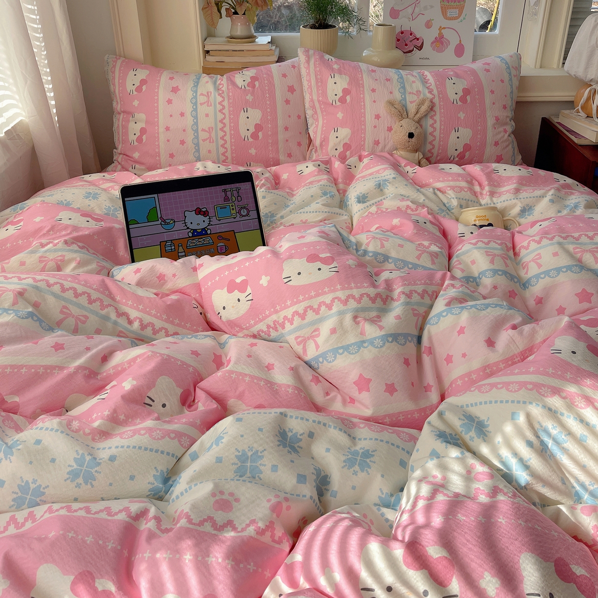 91家纺网 家纺一手货源 找家纺 红嘴企鹅 2026新款波西米亚卡通风水洗棉四件套 可爱小猫