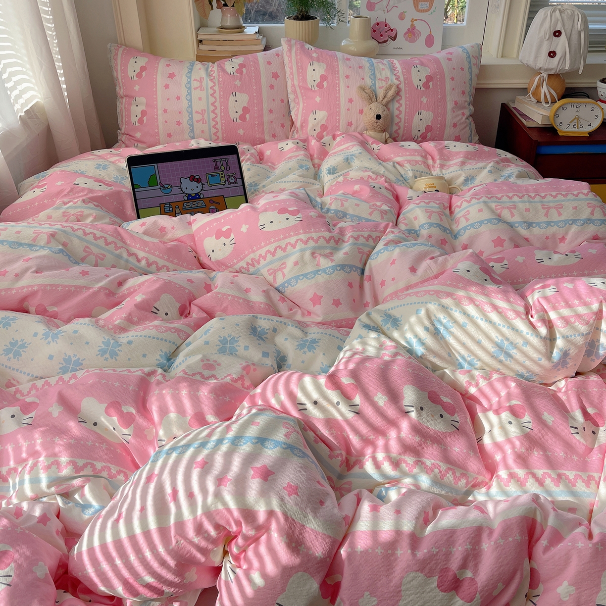 91家纺网 家纺一手货源 找家纺 红嘴企鹅 2026新款波西米亚卡通风水洗棉四件套 可爱小猫