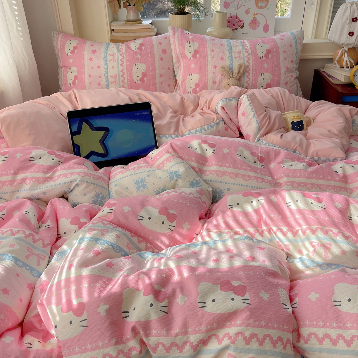 91家纺网 家纺一手货源 找家纺 红嘴企鹅 2026新款波西米亚卡通风水洗棉四件套 可爱小猫