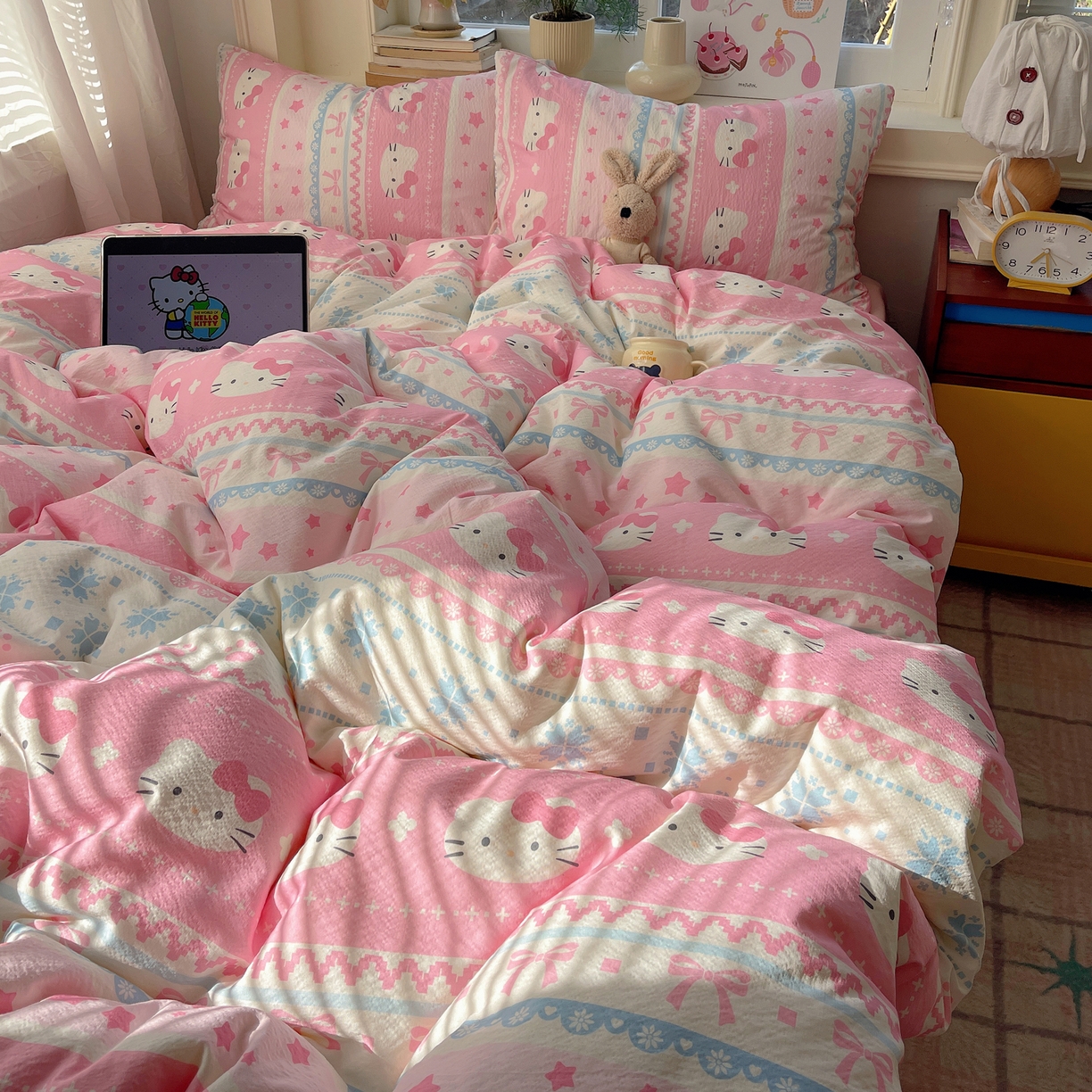 91家纺网 家纺一手货源 找家纺 红嘴企鹅 2026新款波西米亚卡通风水洗棉四件套 可爱小猫