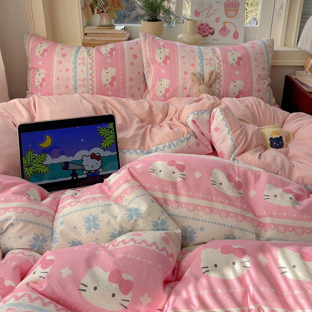 91家纺网 家纺一手货源 找家纺 红嘴企鹅 2026新款波西米亚卡通风水洗棉四件套 可爱小猫