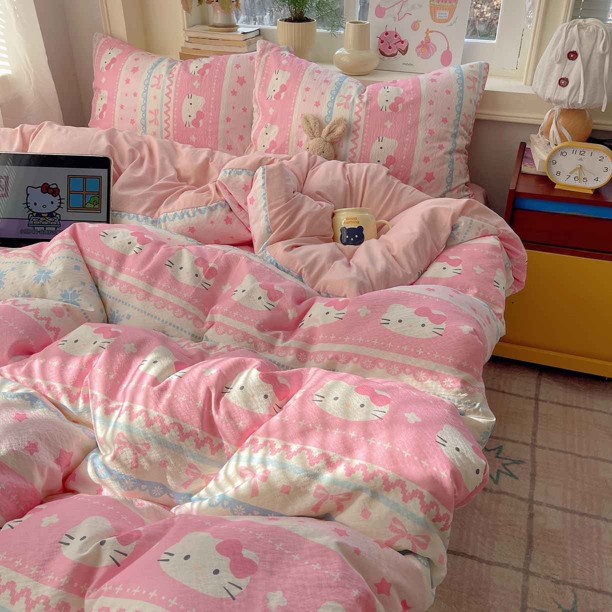 91家纺网 家纺一手货源 找家纺 红嘴企鹅 2026新款波西米亚卡通风水洗棉四件套 可爱小猫