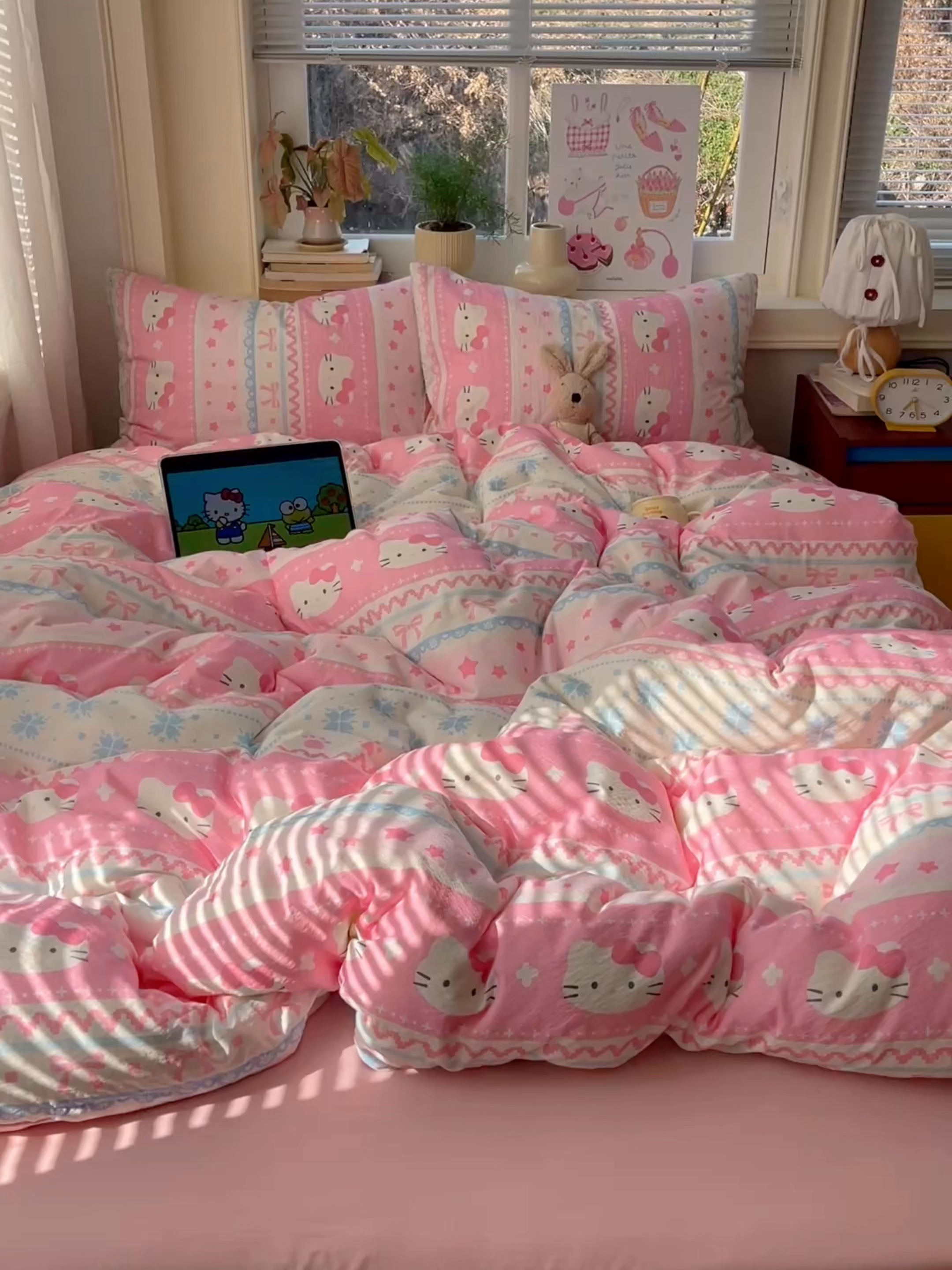 91家纺网 家纺一手货源 找家纺 红嘴企鹅 2026新款波西米亚卡通风水洗棉四件套 可爱小猫