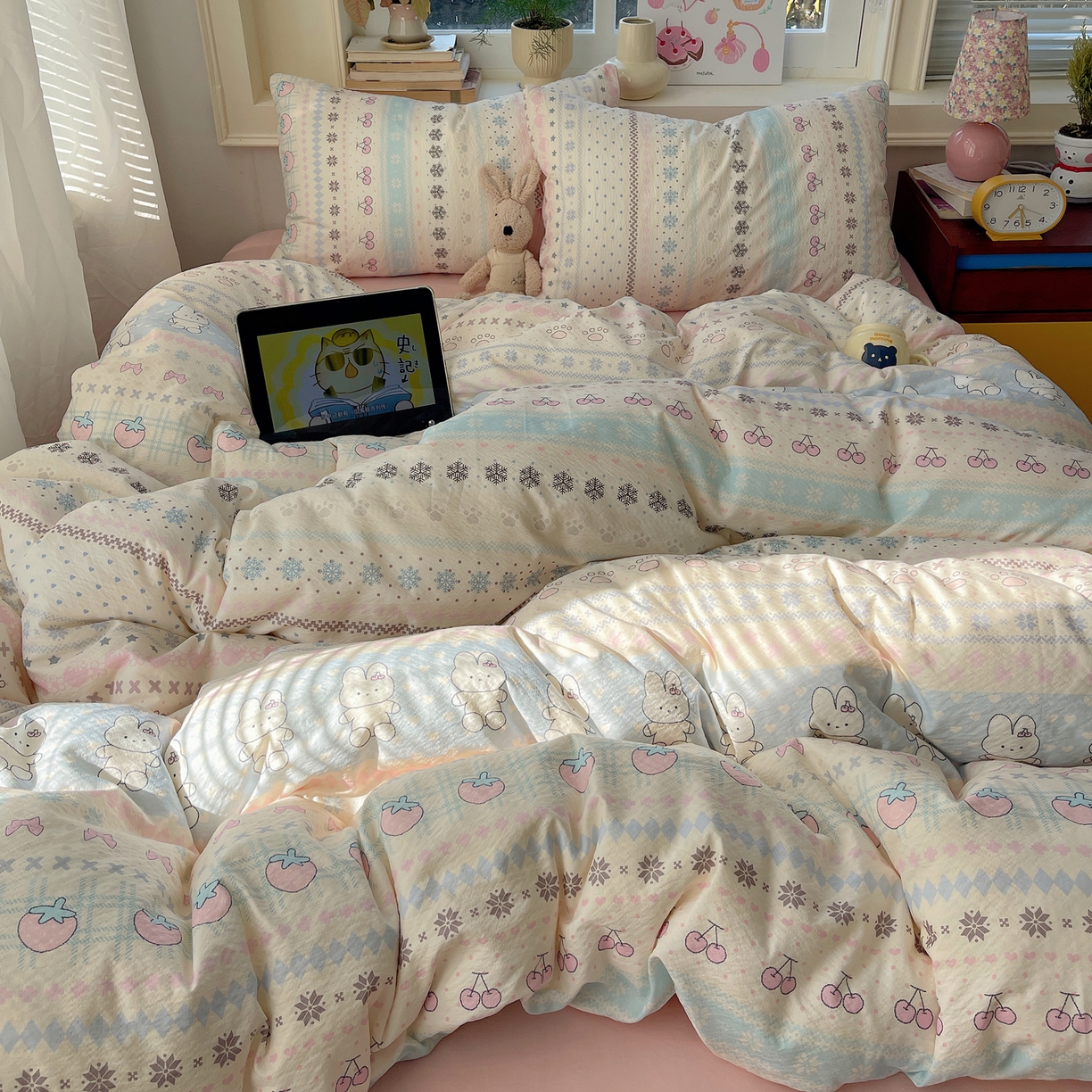 91家纺网 家纺一手货源 找家纺 红嘴企鹅 2026新款波西米亚卡通风水洗棉四件套 水果小兔