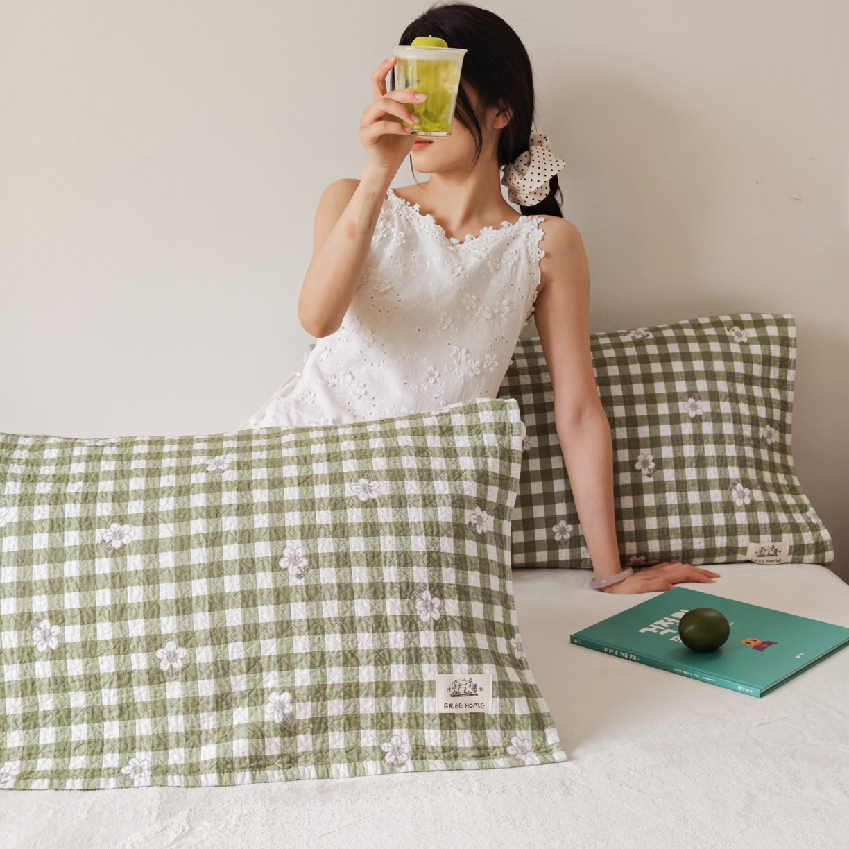 91家纺网 家纺一手货源 找家纺 沐瑟家纺  2026新款安心棉纯棉纱布枕巾 小花格子