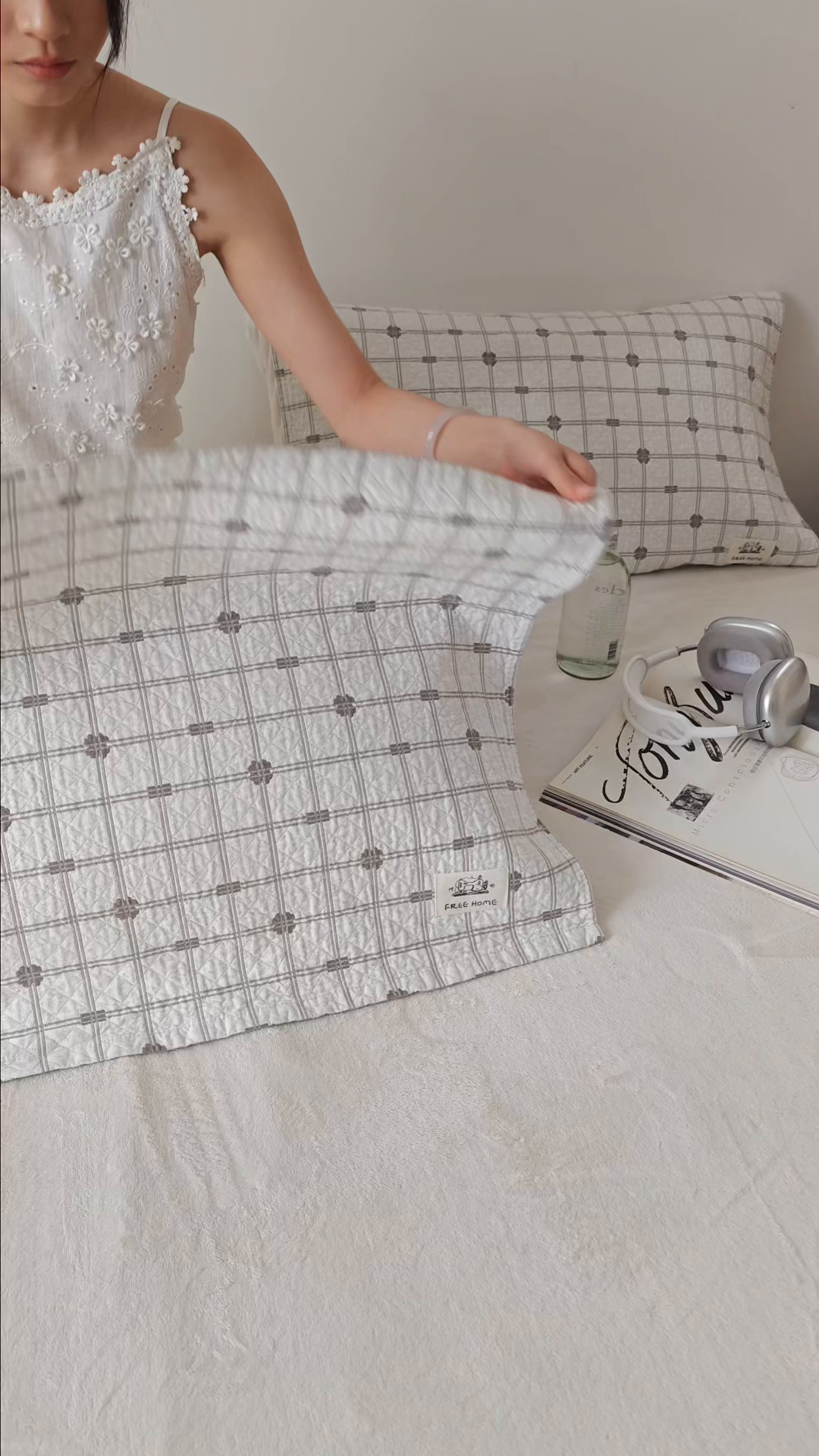 91家纺网 家纺一手货源 找家纺 沐瑟家纺  2026新款安心棉纯棉纱布枕巾 线条格子