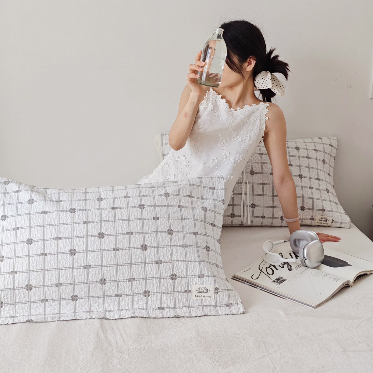 91家纺网 家纺一手货源 找家纺 沐瑟家纺  2026新款安心棉纯棉纱布枕巾 线条格子