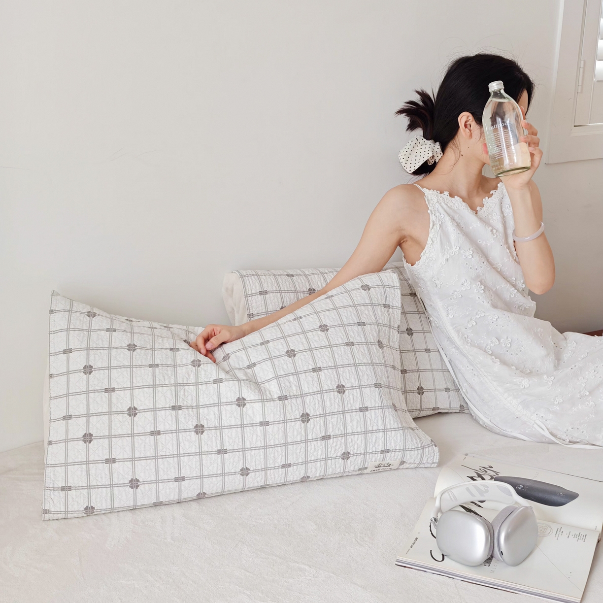 91家纺网 家纺一手货源 找家纺 沐瑟家纺  2026新款安心棉纯棉纱布枕巾 线条格子