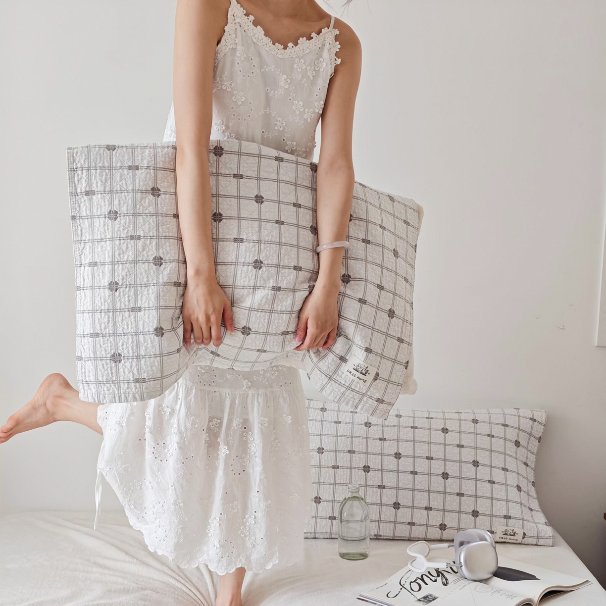 91家纺网 家纺一手货源 找家纺 沐瑟家纺  2026新款安心棉纯棉纱布枕巾 线条格子