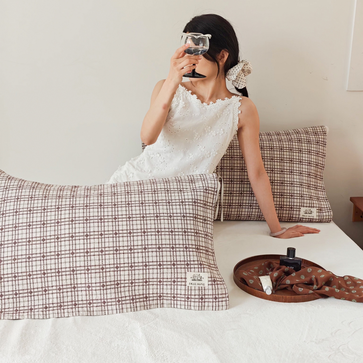 91家纺网 家纺一手货源 找家纺 沐瑟家纺  2026新款安心棉纯棉纱布枕巾 梅花格