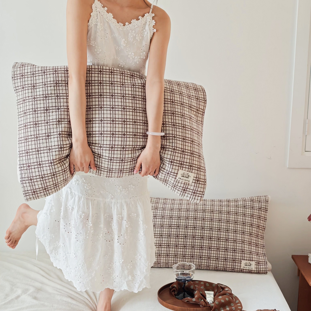 91家纺网 家纺一手货源 找家纺 沐瑟家纺  2026新款安心棉纯棉纱布枕巾 梅花格