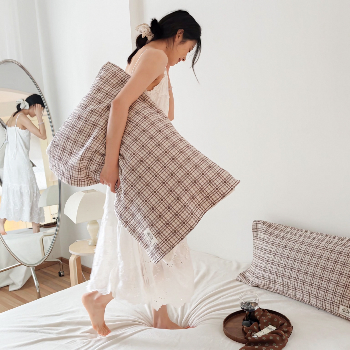 91家纺网 家纺一手货源 找家纺 沐瑟家纺  2026新款安心棉纯棉纱布枕巾 梅花格