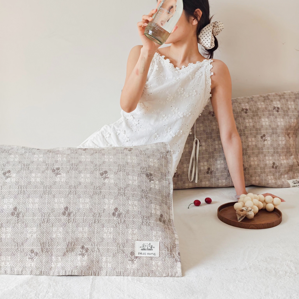 91家纺网 家纺一手货源 找家纺 沐瑟家纺  2026新款安心棉纯棉纱布枕巾 焦糖樱桃