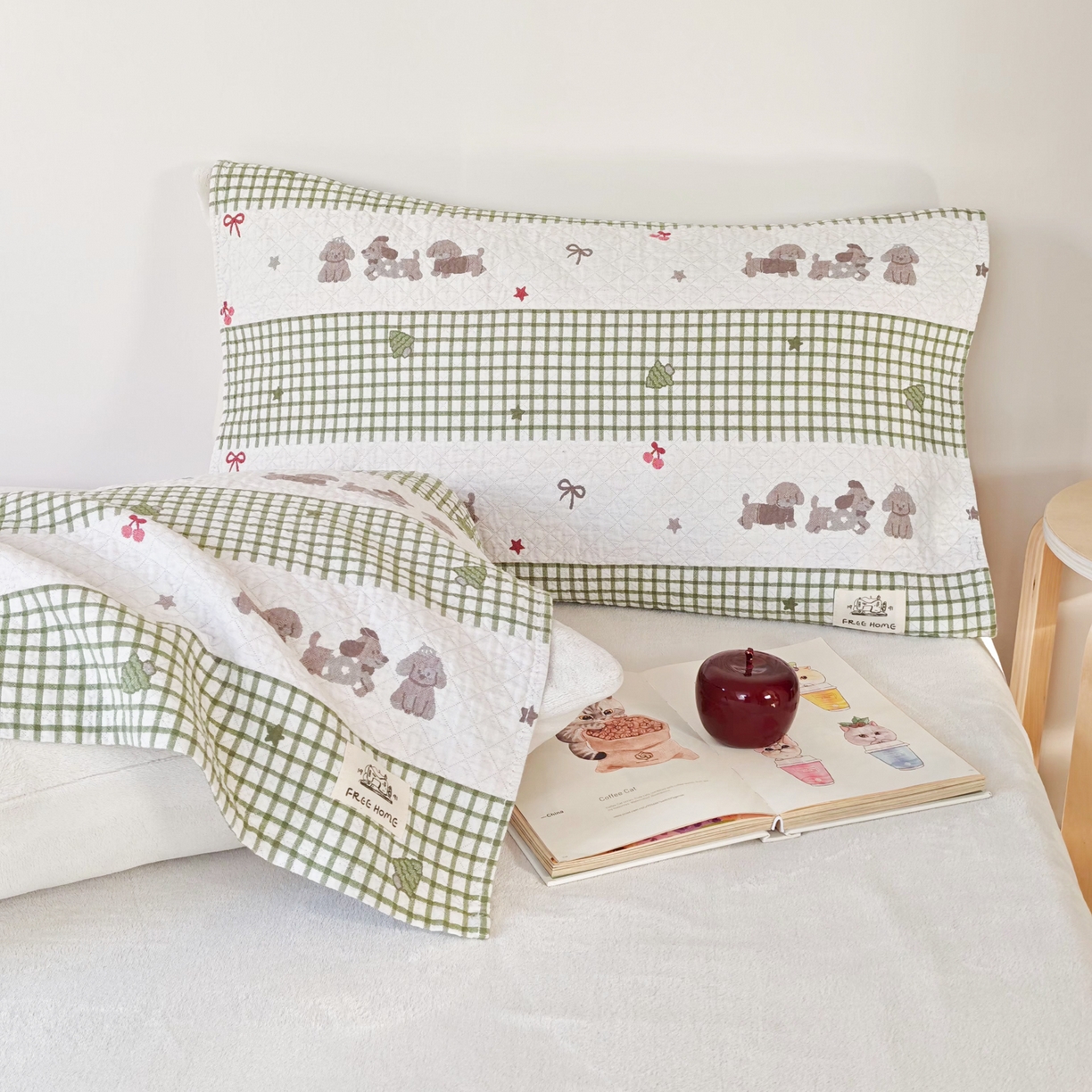 91家纺网 家纺一手货源 找家纺 沐瑟家纺  2026新款安心棉纯棉纱布枕巾 格子腊肠狗