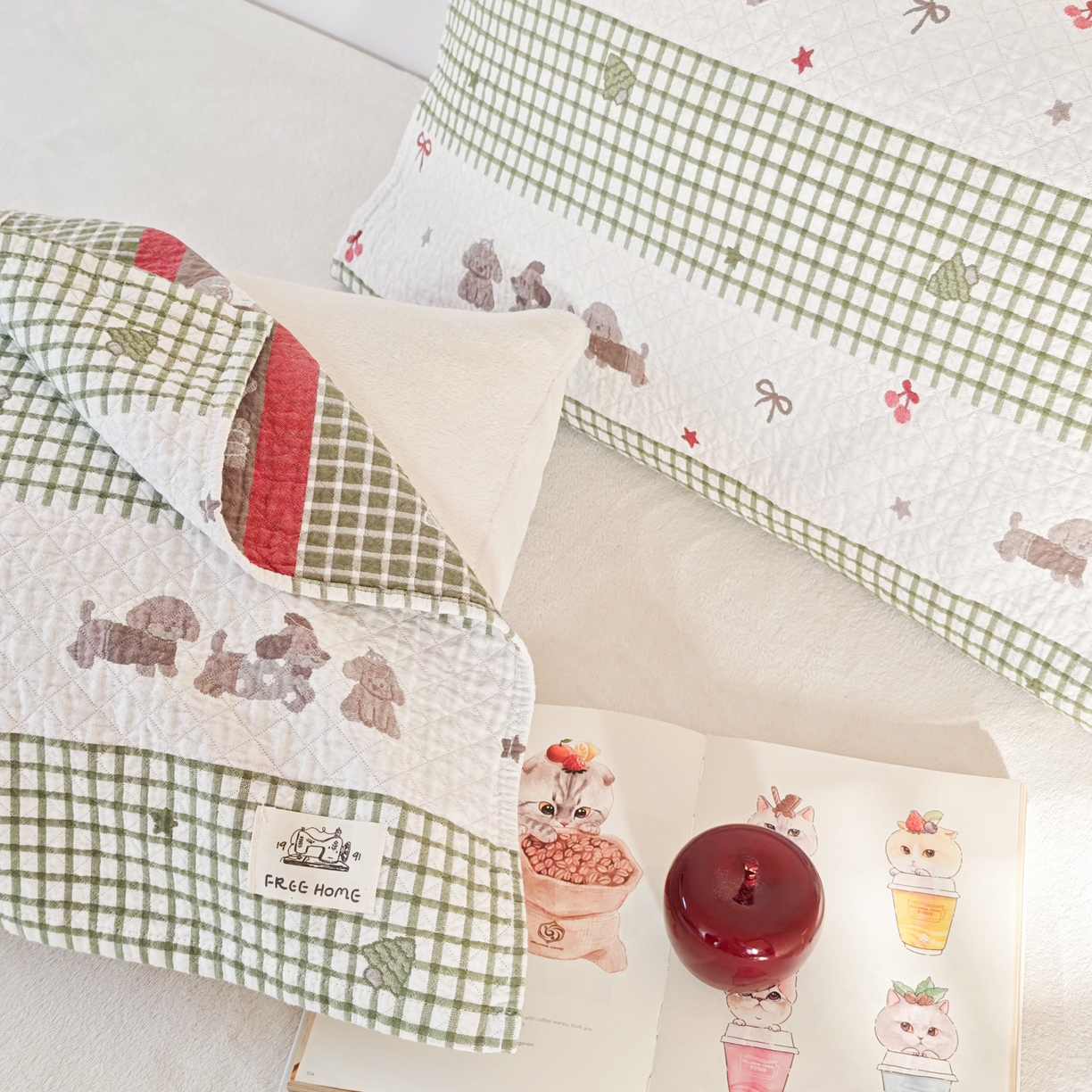 91家纺网 家纺一手货源 找家纺 沐瑟家纺  2026新款安心棉纯棉纱布枕巾 格子腊肠狗