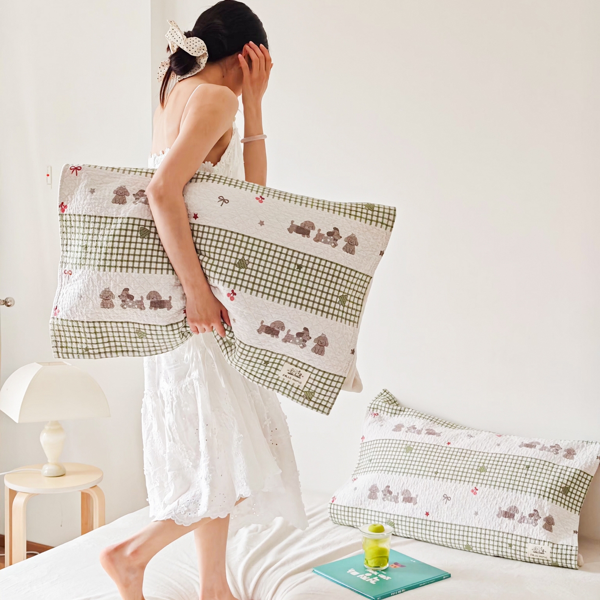 91家纺网 家纺一手货源 找家纺 沐瑟家纺  2026新款安心棉纯棉纱布枕巾 格子腊肠狗