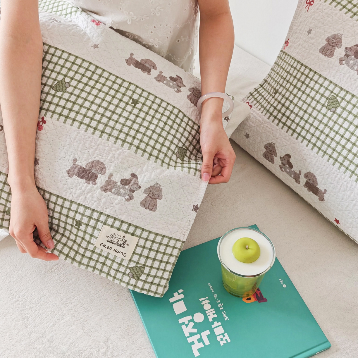 91家纺网 家纺一手货源 找家纺 沐瑟家纺  2026新款安心棉纯棉纱布枕巾 格子腊肠狗