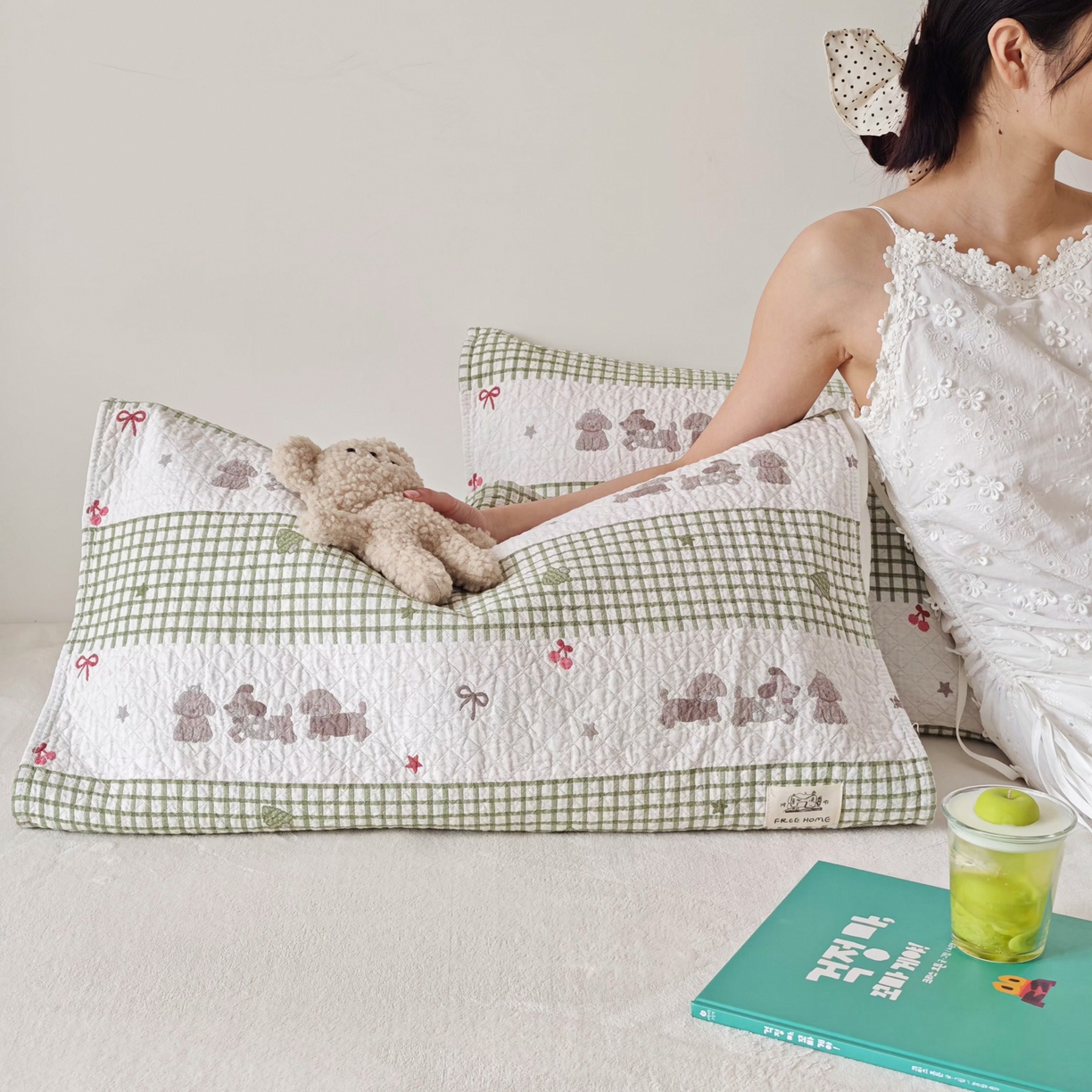 沐瑟家纺  2026新款安心棉纯棉纱布枕巾 格子腊肠狗