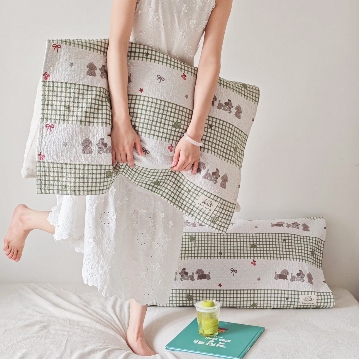 91家纺网 家纺一手货源 找家纺 沐瑟家纺  2026新款安心棉纯棉纱布枕巾 格子腊肠狗