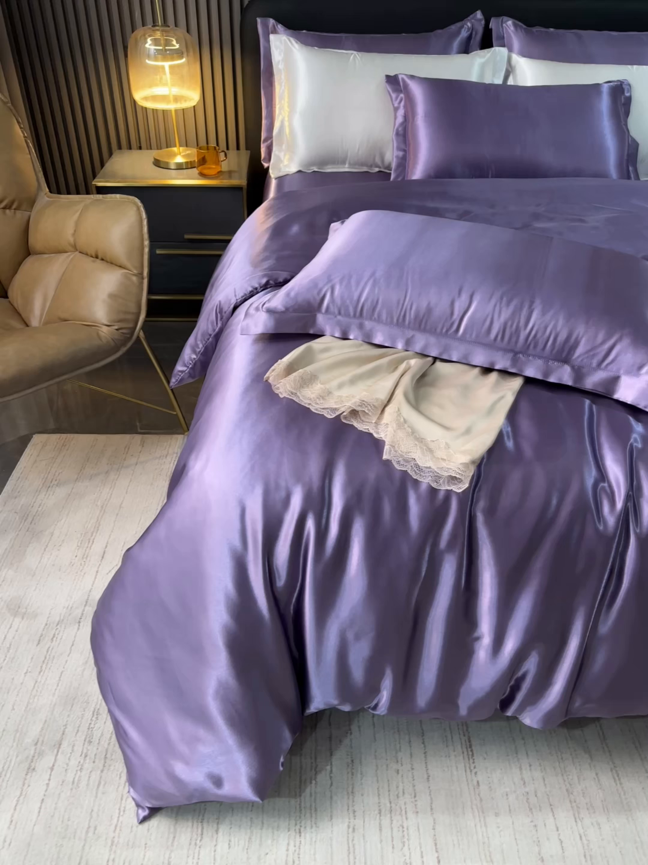 91家纺网 家纺一手货源 找家纺 莱越家纺 2026夏季款高端轻奢水洗真丝四件套丝滑裸睡丝绸纯色冰丝四件套系列可承接外贸订货 典雅紫