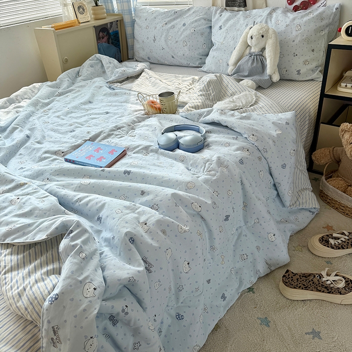 91家纺网 家纺一手货源 找家纺 原素 2026夏季A类水洗棉双层纱夏凉被四件套 麻团兔兔