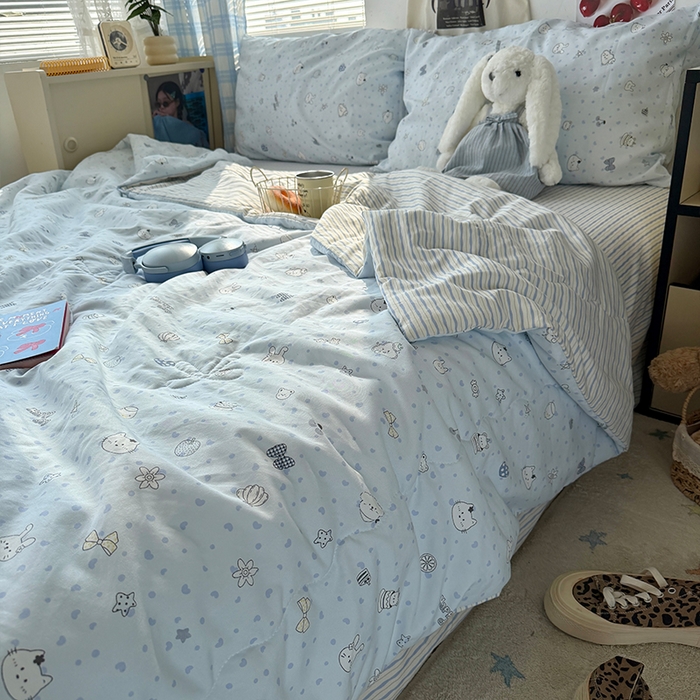 91家纺网 家纺一手货源 找家纺 原素 2026夏季A类水洗棉双层纱夏凉被四件套 麻团兔兔