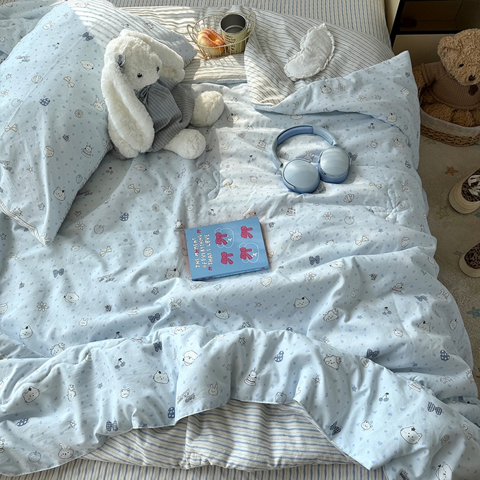 91家纺网 家纺一手货源 找家纺 原素 2026夏季A类水洗棉双层纱夏凉被四件套 麻团兔兔