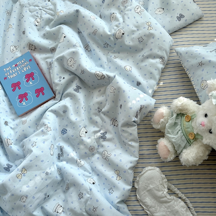 91家纺网 家纺一手货源 找家纺 原素 2026夏季A类水洗棉双层纱夏凉被四件套 麻团兔兔