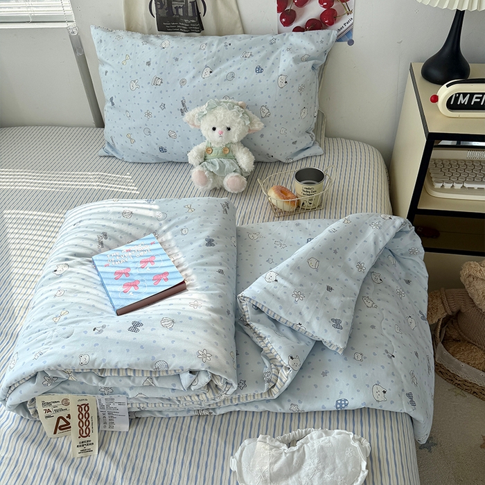 91家纺网 家纺一手货源 找家纺 原素 2026夏季A类水洗棉双层纱夏凉被四件套 麻团兔兔