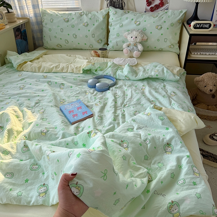 91家纺网 家纺一手货源 找家纺 原素 2026夏季A类水洗棉双层纱夏凉被四件套 苹果咪酱