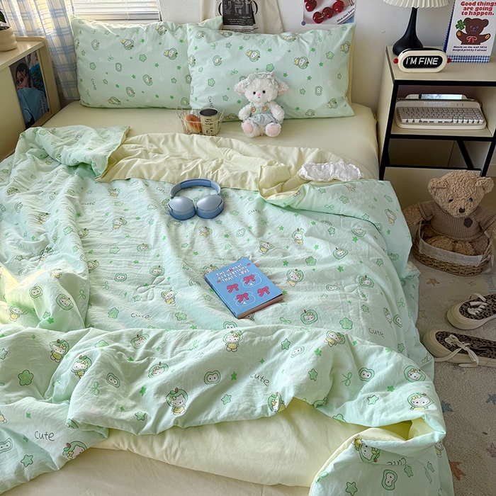 91家纺网 家纺一手货源 找家纺 原素 2026夏季A类水洗棉双层纱夏凉被四件套 苹果咪酱