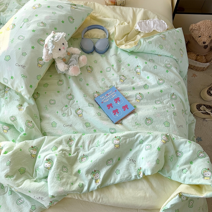 91家纺网 家纺一手货源 找家纺 原素 2026夏季A类水洗棉双层纱夏凉被四件套 苹果咪酱