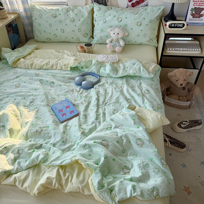 91家纺网 家纺一手货源 找家纺 原素 2026夏季A类水洗棉双层纱夏凉被四件套 苹果咪酱