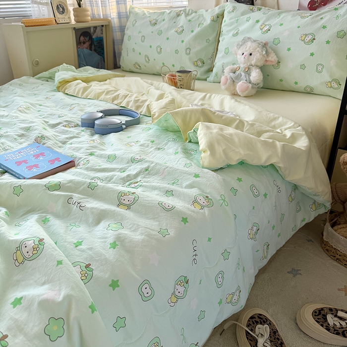 91家纺网 家纺一手货源 找家纺 原素 2026夏季A类水洗棉双层纱夏凉被四件套 苹果咪酱