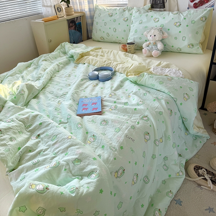 91家纺网 家纺一手货源 找家纺 原素 2026夏季A类水洗棉双层纱夏凉被四件套 苹果咪酱