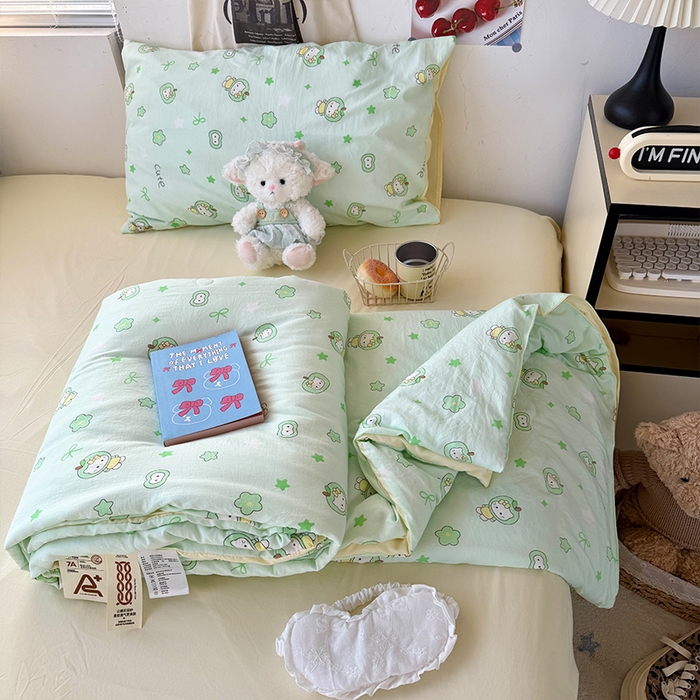 91家纺网 家纺一手货源 找家纺 原素 2026夏季A类水洗棉双层纱夏凉被四件套 苹果咪酱