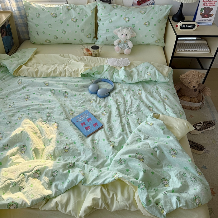 91家纺网 家纺一手货源 找家纺 原素 2026夏季A类水洗棉双层纱夏凉被四件套 苹果咪酱