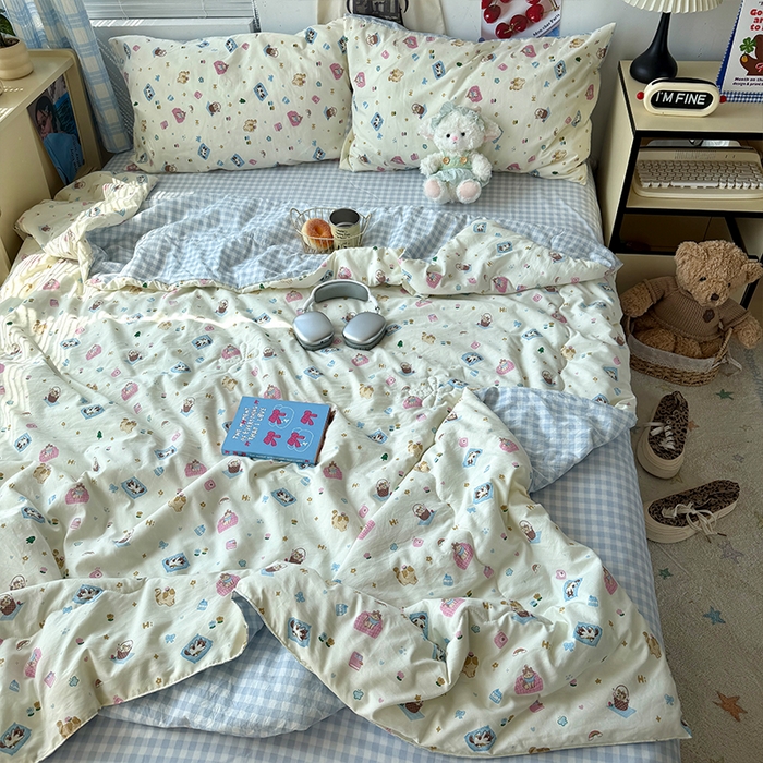 91家纺网 家纺一手货源 找家纺 原素 2026夏季A类水洗棉双层纱夏凉被四件套 肉肉布丁