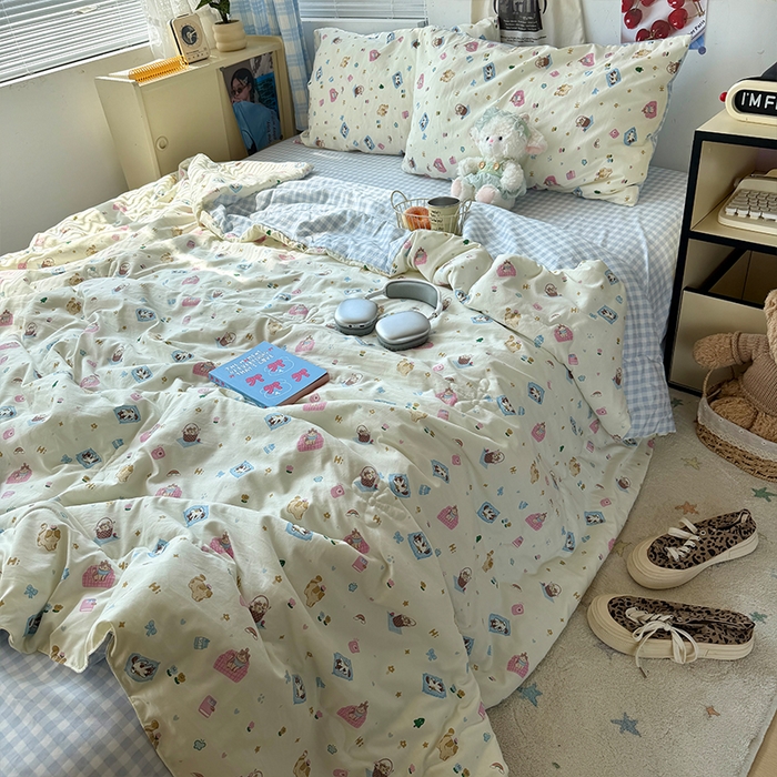 91家纺网 家纺一手货源 找家纺 原素 2026夏季A类水洗棉双层纱夏凉被四件套 肉肉布丁