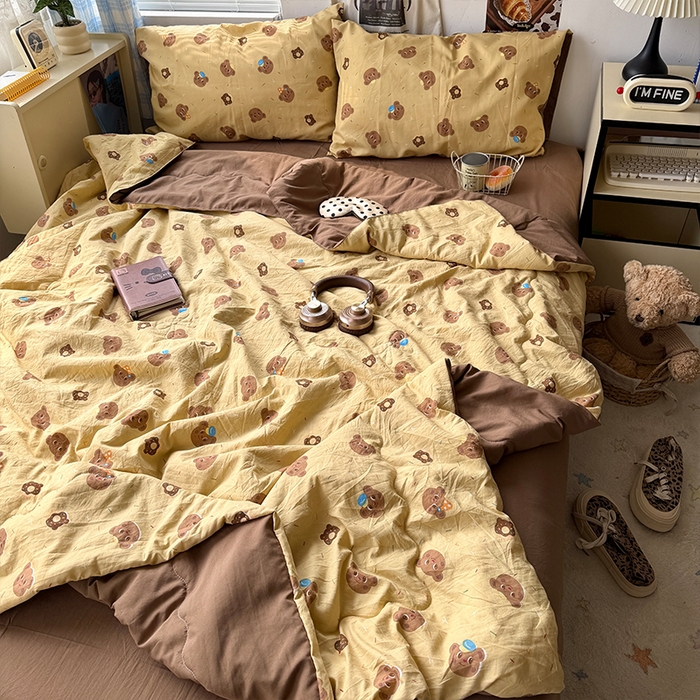 91家纺网 家纺一手货源 找家纺 原素 2026夏季A类水洗棉双层纱夏凉被四件套 奶盖熊